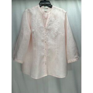 Women's Linen Blouse Button Front Pink Embroidered By Tweeds Size L Vacation Be